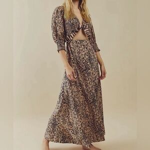 🌻NWT Free People black tan String Of Hearts Printed Maxi Dress cutout smocked